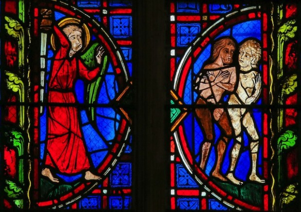 Stained glass window depicting Adam and Eve expelled from Garden of Eden in the Cathedral of Tours, France (Photo: Shutterstock/Jorisvo)