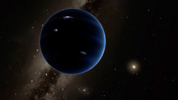 This artistic rendering shows the distant view from Planet Nine back towards the sun. The planet is thought to be gaseous, similar to Uranus and Neptune. Hypothetical lightning lights up the night side. (Credit: Caltech/R. Hurt)