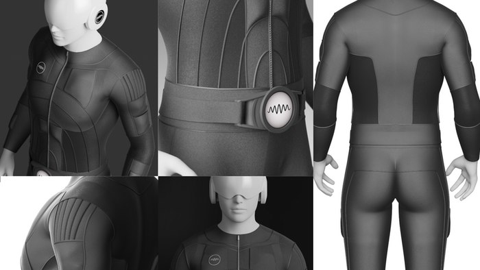 Multiple images of the Teslasuit full-body haptic virtual reality suit