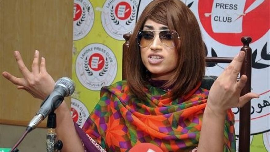 In this picture taken on June 28, 2016, Pakistani fashion model Qandeel Baloch speaks during a press conference in Lahore, Pakistan. Baloch, who recently stirred controversy by posting pictures of herself with a Muslim cleric on social media, was strangled to death by her brother, police said Saturday, July 16, 2016. (AP Photo/M. Jameel)