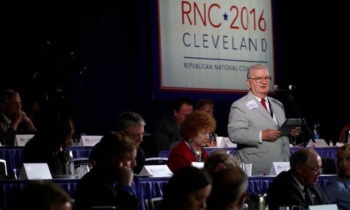 Morton Blackwell, Virginia delegate on the Republican National Convention committee on rules, speaks at the committee meeting in Cleveland on Thursday.