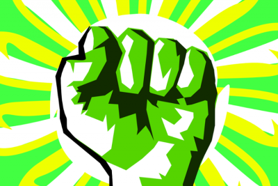 cartoon fist in the air surrounded by green  and yellow colors
