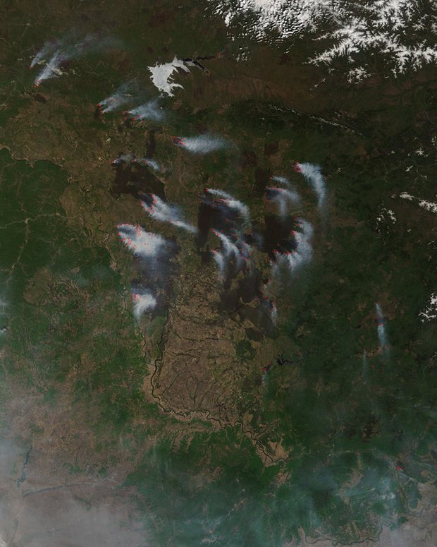 Nasa satellites show wildfires burning in eastern Russia, with red hotspots marking areas of high temperatures.