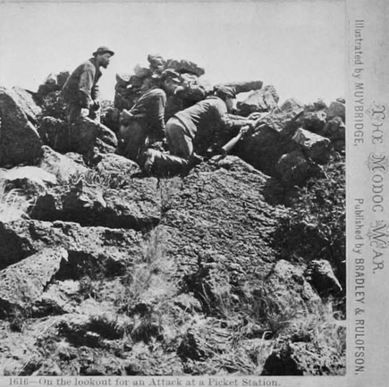 In this Muybridge stereograph he had three infantrymen creep on hands and knees behind a tumble of boulders and peep over a ridge top. It appeared in Harpers Weekly on June 21, 1873.