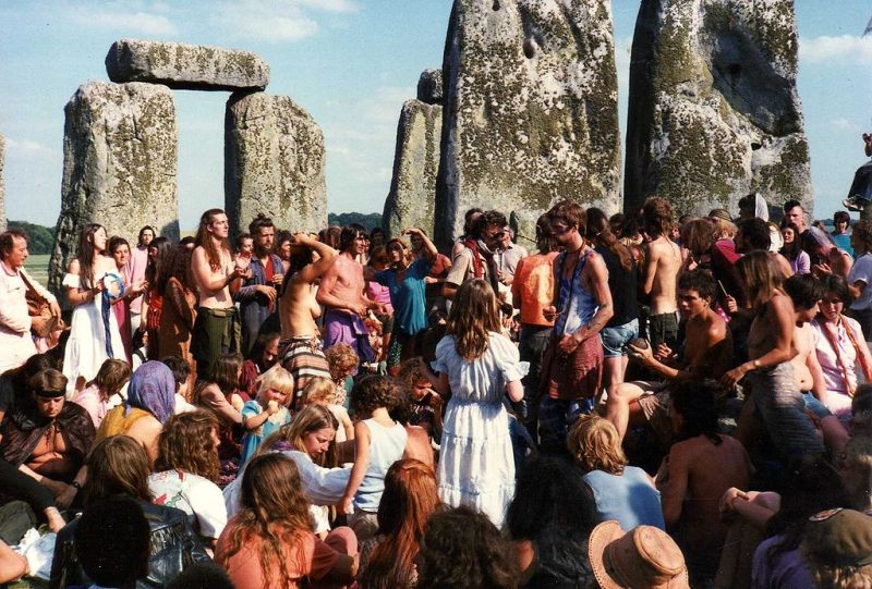 The Stonehenge Free Festival was a British free festival from 1974 to 1984 held at Stonehenge in England during the month of June, and culminating on the summer solstice on June 21. The festival was a celebration of various alternative cultures. The Tibetan Ukrainian Mountain Troupe, The Tepee People, Circus Normal, the Peace Convoy, New Age Travellers and the Wallys were notable counterculture attendees. Image via Wikipedia