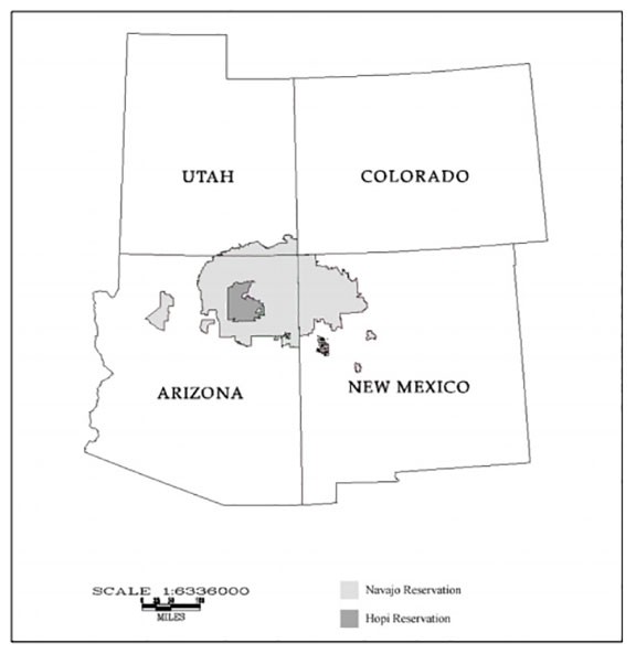 The Navajo Nation, in light gray, encircles most of the Hopi reservation, in darker gray. (Courtesy Inspector General/Interior Department)