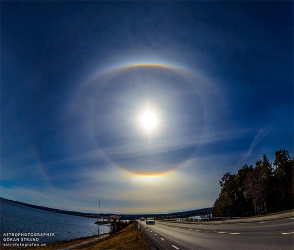 Halo around the sun, seen from Sweden on April 24, 2014 and captured by Fotograf Goran Strand.  