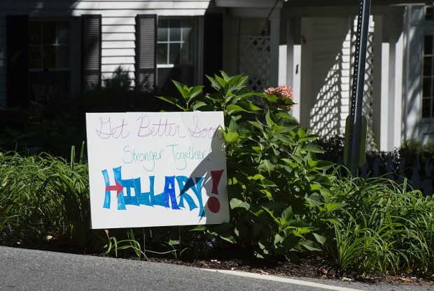 A sign along a road near the home of US Democratic presidential candidate Hillary Clinton wishes her well September 12, 2016 in Chappaqua, New York. Clinton cancelled a California campaign fundraising trip after she fell ill at a 9/11 memorial ceremony Sunday and her doctor revealed she was diagnosed with pneumonia. (DON EMMERT/AFP/Getty Images)