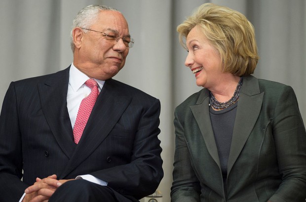 Former US Secretaries of State Colin Powell (L) and Hillary Clinton speak during a ceremony to break ground on the US Diplomacy Center at the US State Department in Washington, DC, September 3, 2014. (JIM WATSON/AFP/Getty Images)