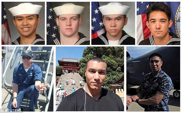 Seven US Navy sailors were killed in the Fitzgerald collision in June. They were (top row, left to right) Fire Controlman 2nd Class Carlos Victor Ganzon Sibayan, 23, from Chula Vista, CA; Gunner's Mate Seaman Dakota Kyle Rigsby, 19, from Palmyra, VA; Sonar Technician 3rd Class Ngoc T Truong Huynh, 25, from Oakville, CT; and Yeoman 3rd Class Shingo Alexander Douglass, 25, from San Diego, CA. Bottom row (left to right): Fire Controlman 1st Class Gary Leo Rehm Jr., from Elyria, OH; Personnel Specialist 1st Class Xavier Alec Martin, 24, from Halethorpe, MD; and Gunner's Mate 2nd Class Noe Hernandez, 26, from Weslaco, TX