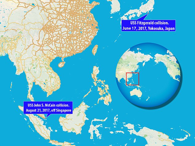 Deadly: The USS John McCain collided with a tanker off the coast of Singapore on August 21 and the USS Fitzgerald was hit by a freighter on June 17 &nbsp;- the USS Seventh Fleet, which is based in Tokyo has responsibility for the western Pacific and is the largest forward deployed &nbsp;American fleet&nbsp;