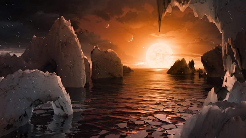 An imagining of what the surface of one of the habitable zone planets of the TRAPPIST-1 system could look like.