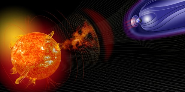 This artist illustration shows how solar storms from the Sun can influence Earth's magnetosphere