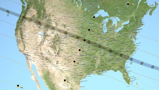 The path of the Moon's shadow moving across the United States during the during this year's...