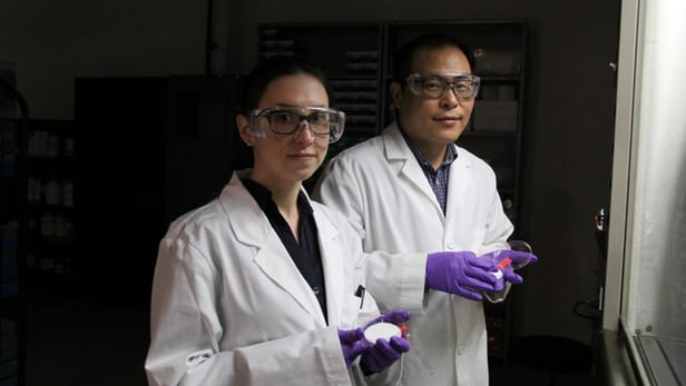 Hyo-Jick Choi (right) and graduate student Ilaria Rubino examine samples of filters treated with a solution...