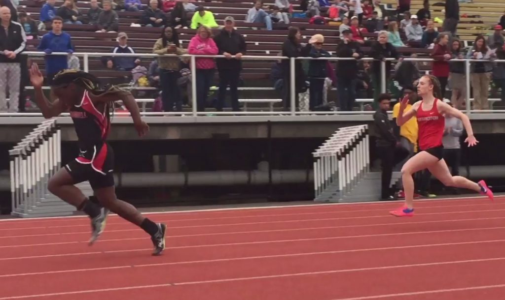 Yearwood far out in front in a Class M preliminary race. (Image source: Hartford Courant video screenshot)