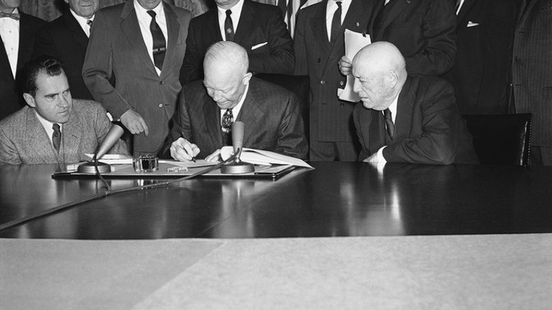 President Dwight Eisenhower signs a proclamation admitting Alaska as the 49th state on Jan. 3, 1959.
