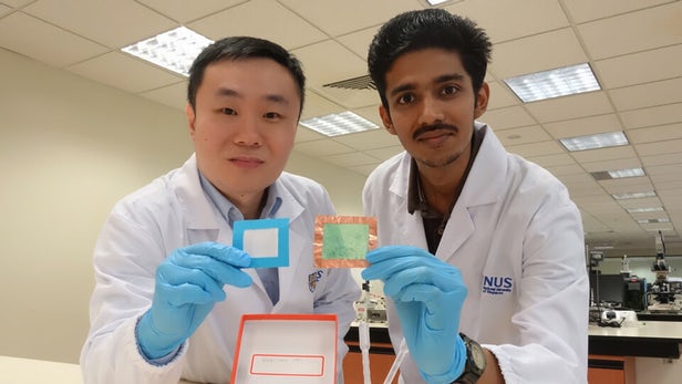 Researchers Tan Swee Ching (left) and Sai Kishore Ravi (right), with samples of their material