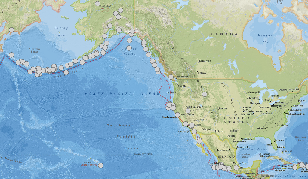 This map shows the location of all the earthquakes measuring over 7.0 magnitude that have been recorded in North America. Though many are scattered across America's west coast, note the high concentration of quakes in central and southern Mexico.