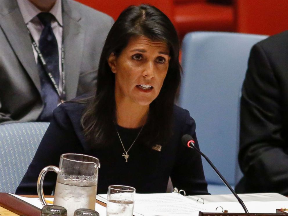 PHOTO: United States Ambassador to the United Nations Nikki Haley speaks during a UN Security Council emergency meeting over North Koreas latest missile launch, on September 4, 2017 at UN Headquarters in New York.
