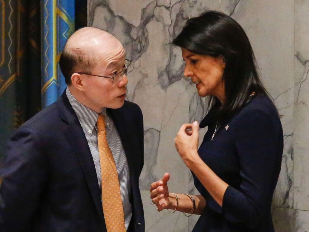 PHOTO: U.S. Ambassador to the U.N. Nikki Haley,right, speaks with Chinese Ambassador to the U.N., Liu Jieyi before a UN Security Council emergency meeting over North Koreas latest missile launch, on September 4, 2017.