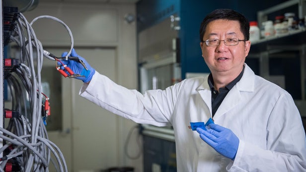 Study co-senior author Dr. Kang Xu with the saltwater battery
