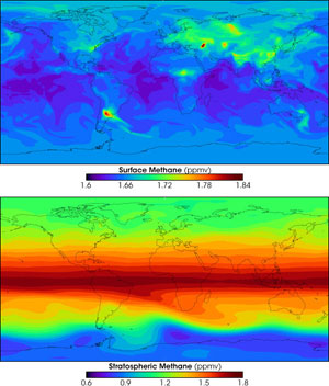 These maps show the distribution of methane at the surface on top and in the stratosphere on bottom, calculated by a NASA computer model.