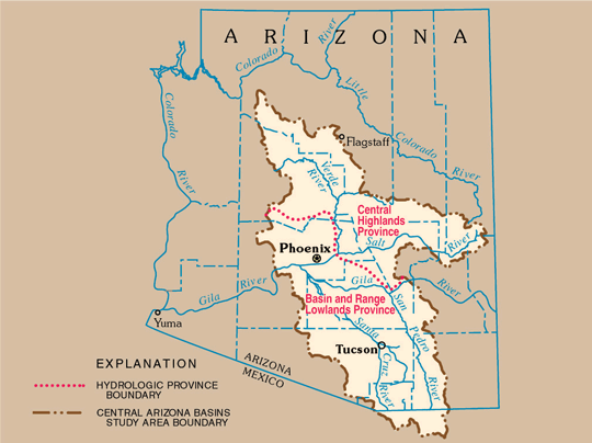 The Central Arizona Basins (CAZB) Study Unit of the National Water-Quality Assessment (NAWQA) Program covers 34,700 square miles in the Central Highlands and Basin and Range Lowlands hydrologic provinces. Phoenix was Americas fastest growing city during the 1990s, and a population of about 3.8 million people is concentrated around the cities of Phoenix and Tucson. The climate is arid to semiarid, and dams on major perennial streams in the Central Highlands collect water for use in the Phoenix area. More than 50 percent of the water used in the Study Unit is ground water, which is often the sole source available. More than 70 percent of the water is used for agriculture, which accounts for 5 percent of the land use.